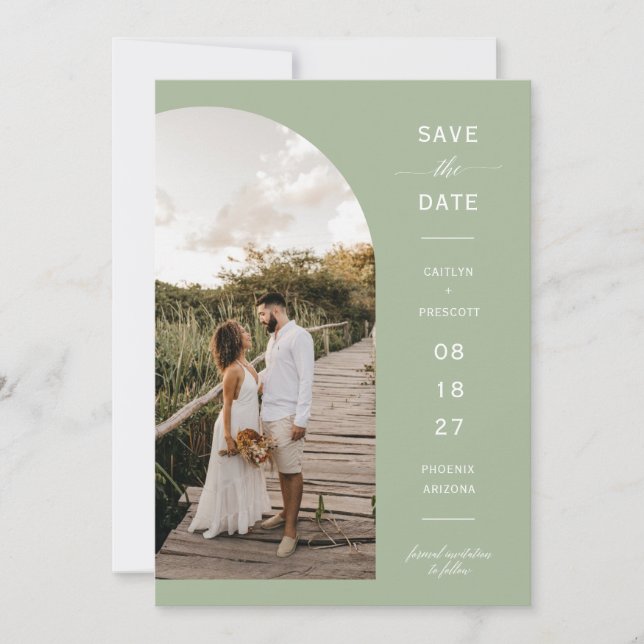 Dusty Green Boho Arch Foto QR-Code Save the Date Einladung (Vorderseite)