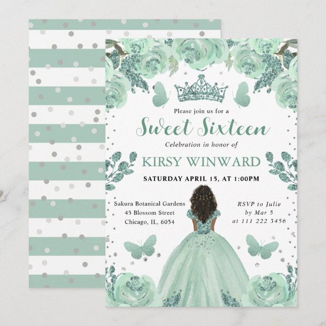 Dusty Green Dress Dark Skin Princess Sweet 16 Einladung (Vorne/Hinten)