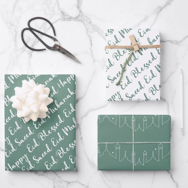 Dusty Green Eid Calligraphy Masjid Muster Design Geschenkpapier Set (Vorderseite)