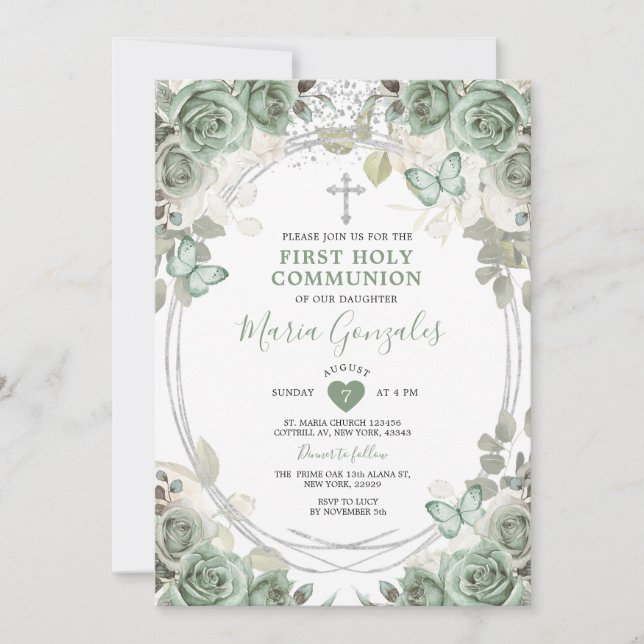 Dusty Green Floral First Heilige Kommune Einladung (Vorderseite)