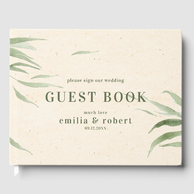 Dusty Green Foliage, Beige Paper, vielen Dank Gästebuch (Vorderseite)