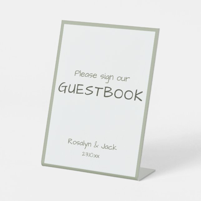 Dusty Green Lässig Handwriting Guestbook Sockelschild (Vorderseite)