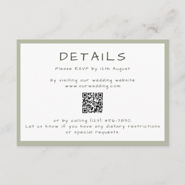 Dusty Green Lässig Handwriting QR Details Begleitkarte (Vorderseite)