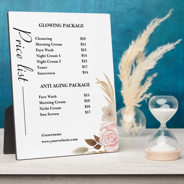 Dusty Green Minimalistisch Skincare Price List Fotoplatte (Seite)