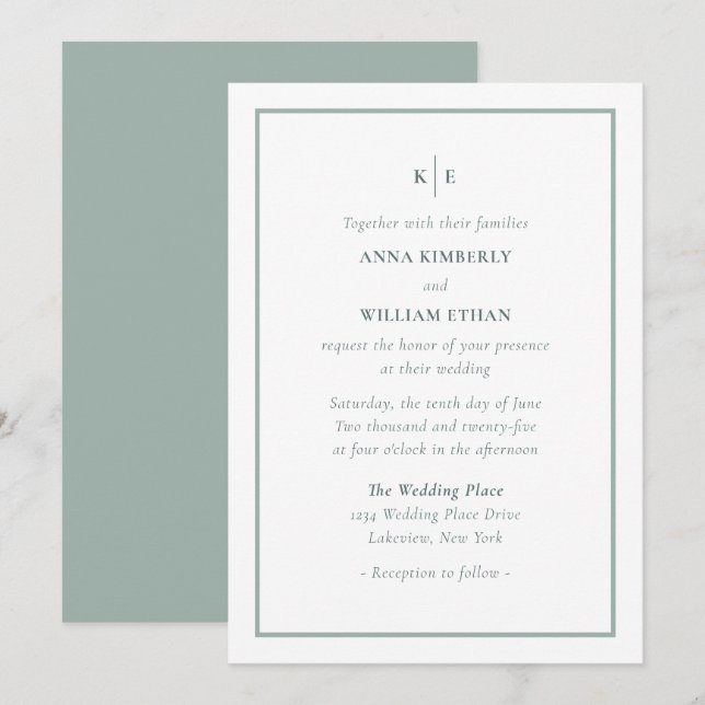 Dusty Green Monogram Families Wedding Einladungen (Vorne/Hinten)