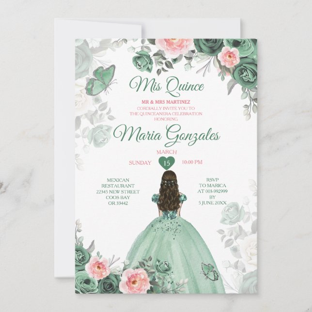 Dusty Green Pink Mis Quince 15 Anos Crown Einladung (Vorderseite)