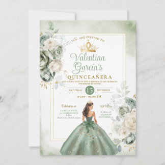 Dusty Green Quinceañera 15 Anos Gold Crown Einladung