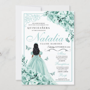 Dusty Green Rose Princess Dress Quinceanera Einladung