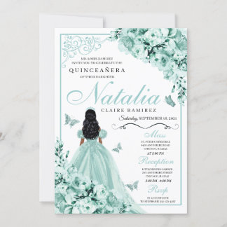 Dusty Green Rose Princess Dress Quinceanera Einladung
