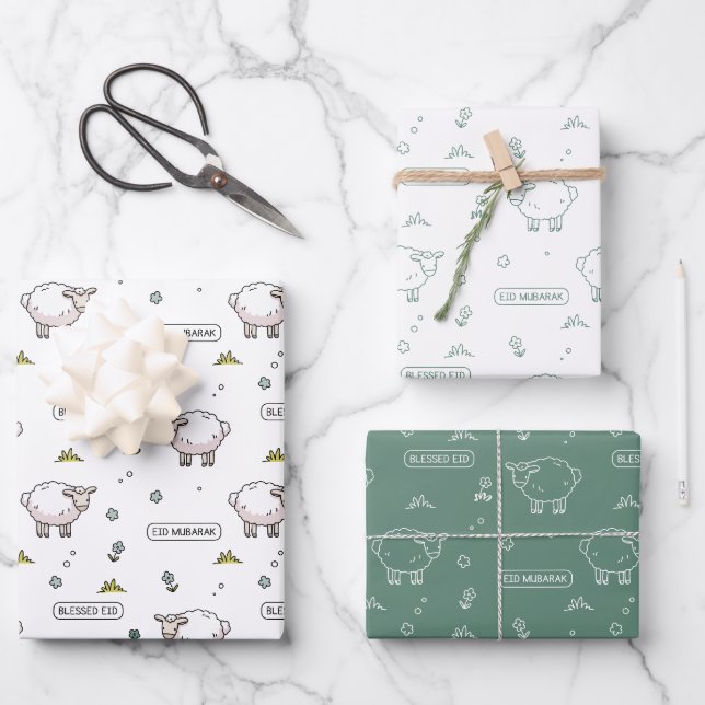 Dusty Green Sheep Eid Mubarak Kids Geschenkpapier Set (Vorderseite)