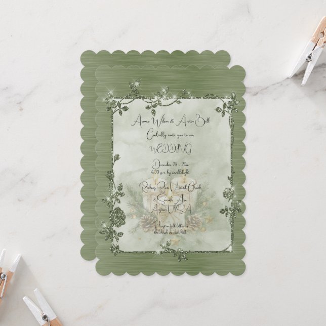 Dusty Green Shiny Elegant Sparkly Frame Wedding Einladung (Vorderseite/Rückseite Beispiel)