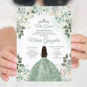 Dusty Green & Silver Mis Quince Floral Quinceañera Einladung