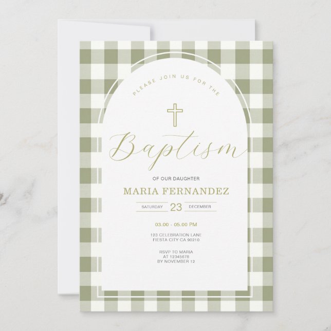 Dusty Green und Gingham Floral Taufe Einladung (Vorderseite)