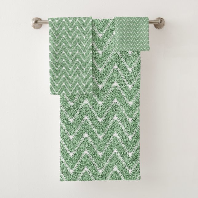 Dusty Green Zickzack Pattern Klein Badhandtuch Set (Insitu)