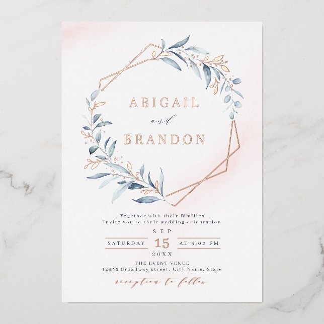 Dusty Greenery Rose Gold Geometric Rustic Wedding Folieneinladung (Vorderseite)