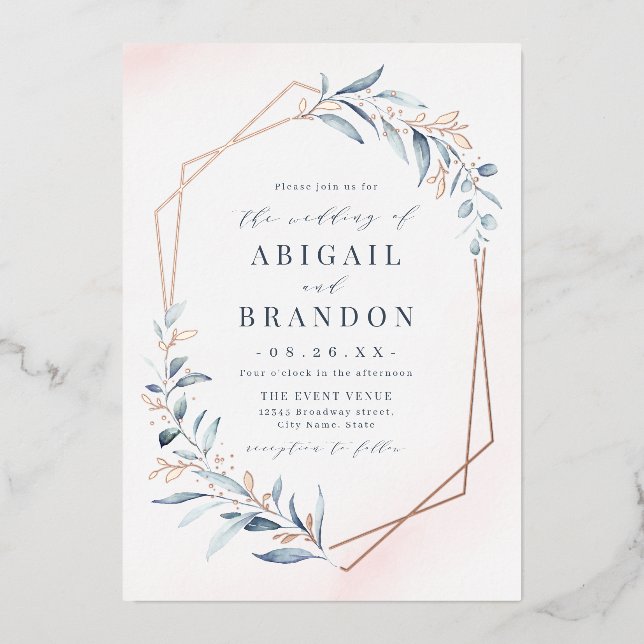 Dusty Greenery Rose Gold Geometric Rustic Wedding Folieneinladung (Vorderseite)