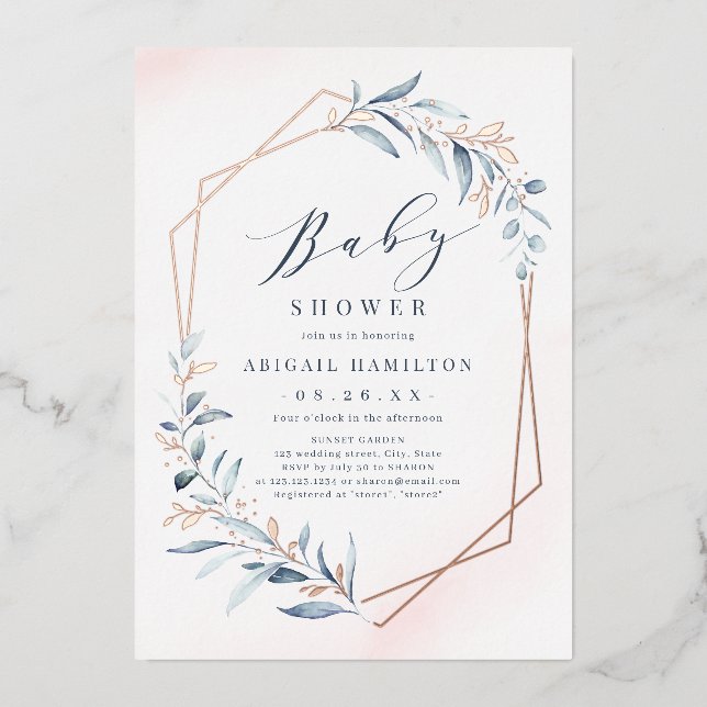 Dusty Greenery Rose Gold Rustic Baby Shower Folieneinladung (Vorderseite)