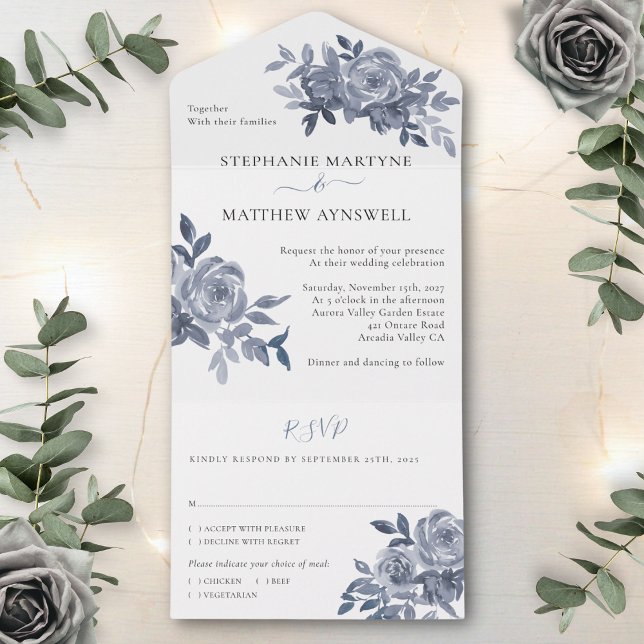 Dusty Grey Floral Rose Foliage Wedding All In One Einladung (Von Creator hochgeladen)