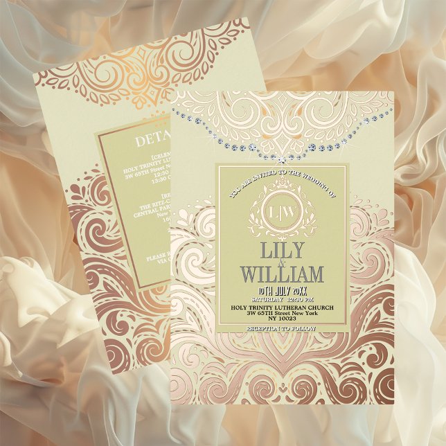 Dusty Ivory RoseGold Classic Monogram Boho Wedding Folieneinladung (Luxurious Elegant Classic Boho Wedding Invitation - Real Foil and Monogram)