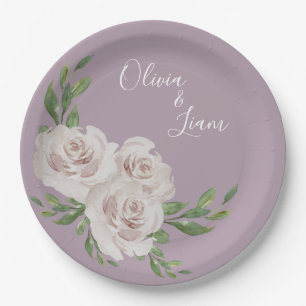 Dusty Lavender Floral Elegante Script Wedding Pappteller