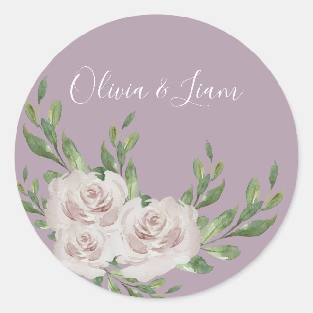 Dusty Lavender Floral Elegante Script Wedding Runder Aufkleber (Vorderseite)