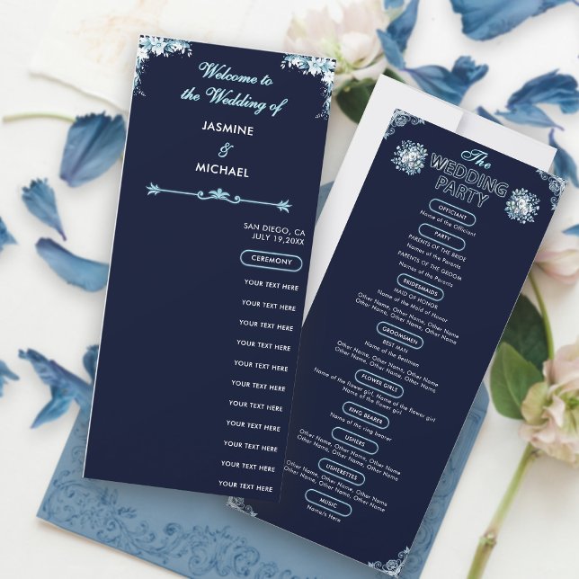 Dusty Light Blue Floral Navy Boho Hochzeitsprogram (Von Creator hochgeladen)