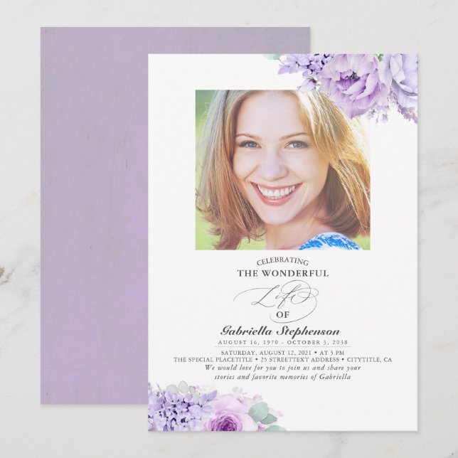 Dusty Light Purple Blumen Elegantes Beerdigungsfes Einladung (Vorne/Hinten)