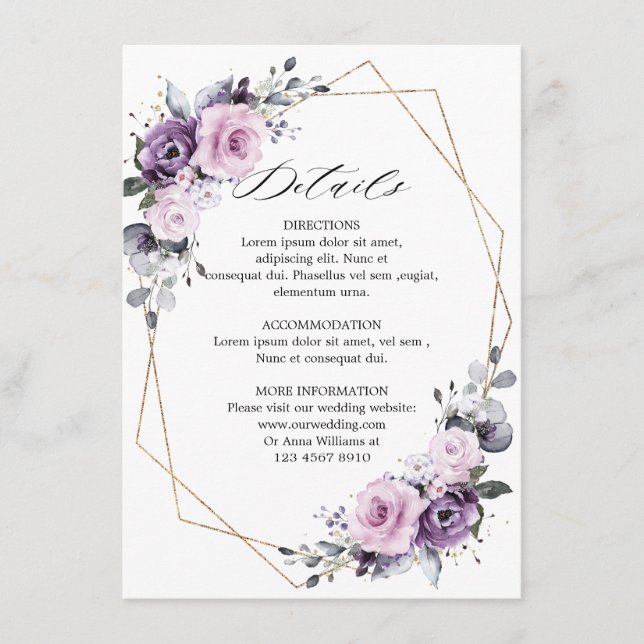 Dusty Lila Blooms Geometric Wedding Details Begleitkarte (Vorderseite)