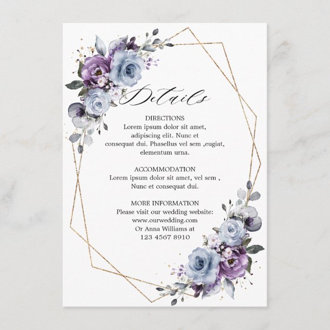 Dusty Lila Blooms Geometric Wedding Details Begleitkarte (Vorderseite)