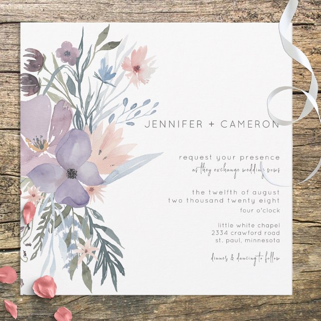 Dusty Lila & Blue Boho Floral Square Wedding Einladung (Von Creator hochgeladen)