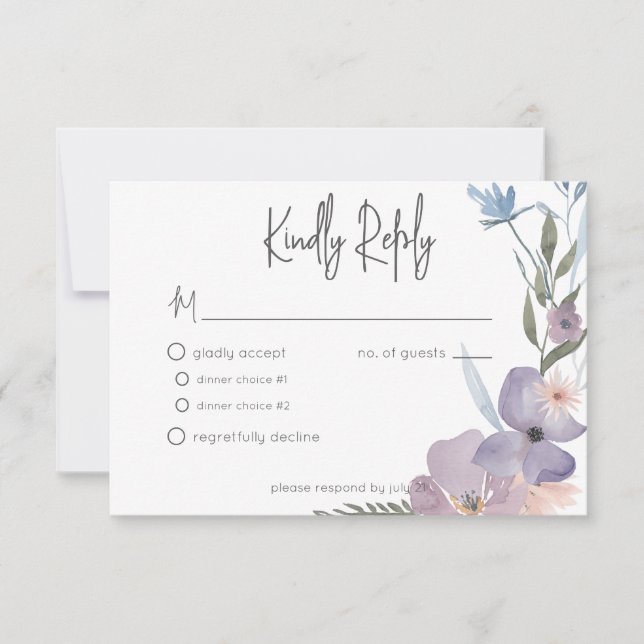 Dusty Lila & Blue Boho Floral Wedding RSVP Karte (Vorderseite)