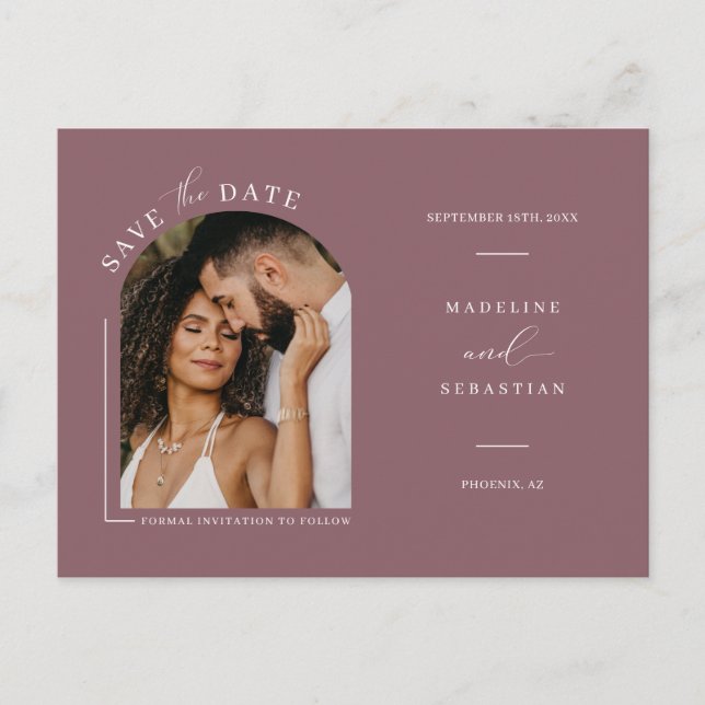 Dusty Lila Boho Arch Foto QR-Code Save the Date Postkarte (Vorderseite)