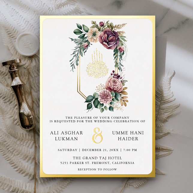 Dusty Lila Floral Wappen muslimische Hochzeit Gold Folieneinladung (Von Creator hochgeladen)