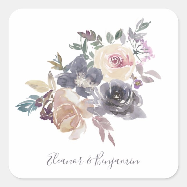 Dusty Lila Floral Water Wedding Custom Quadratischer Aufkleber (Vorderseite)