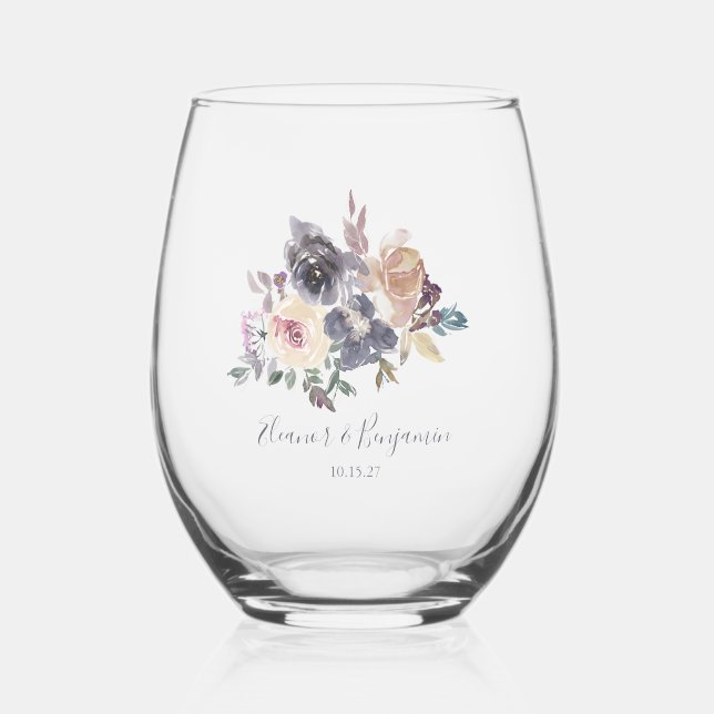 Dusty Lila Floral Water Wedding Custom Weinglas Ohne Stiel (Vorderseite)