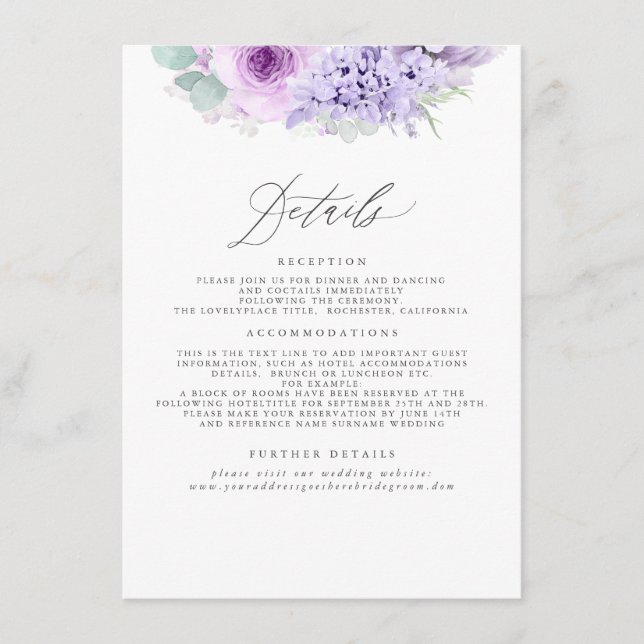Dusty Lila Floral Wedding Information Begleitkarte (Vorderseite)