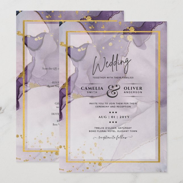 Dusty Lila Gold Alcohol INK Abstrakt Wedding Einladung (Vorne/Hinten)