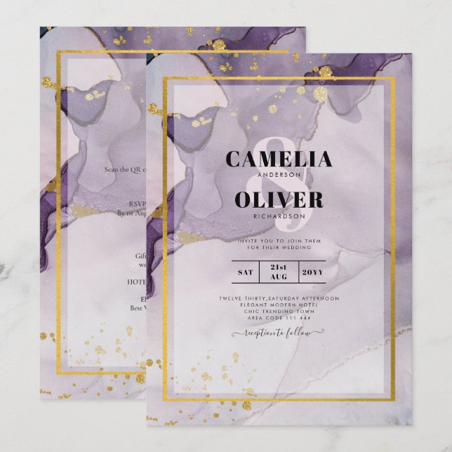 Dusty Lila Gold Alcohol INK Abstrakt Wedding Einladung (Vorne/Hinten)