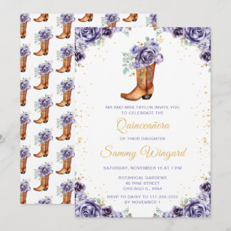 Dusty Lila Gold Floral Cowboy Boot Quinceañera Einladung