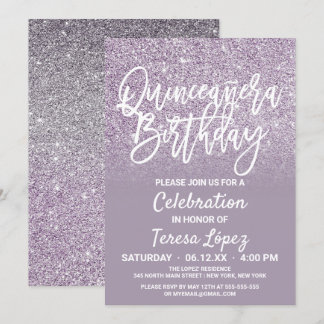 Dusty Lila Gray Imitats Glitzer Ombre Quinceañera Einladung