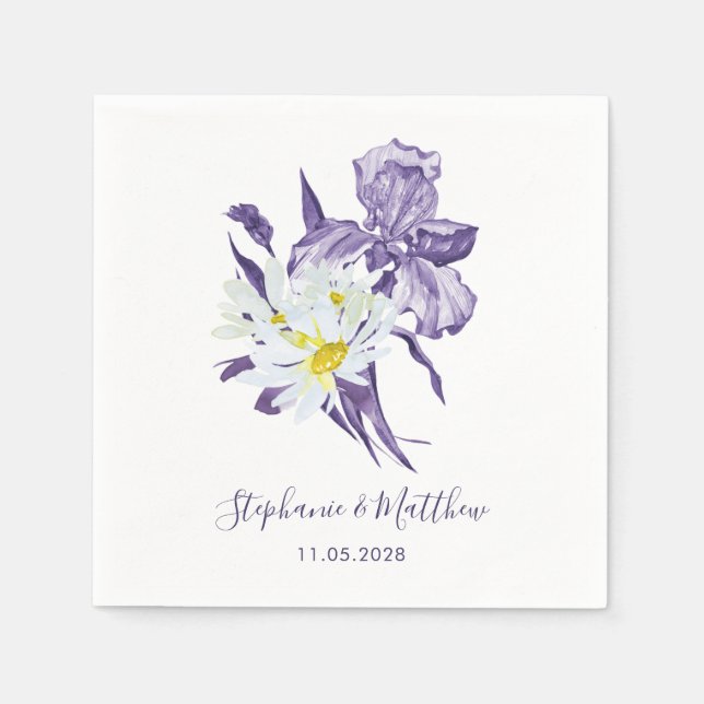 Dusty Lila Iris White Daisy Botanische Hochzeit Serviette (Vorderseite)