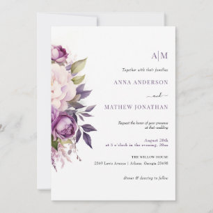 Dusty Lila Lavender Floral Boho Monogramm Hochzeit Einladung