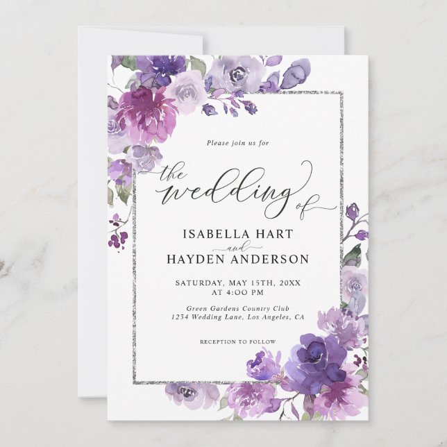 Dusty Lila Mauve Lilac Floral SilverFoil Wedding Einladung (Vorderseite)