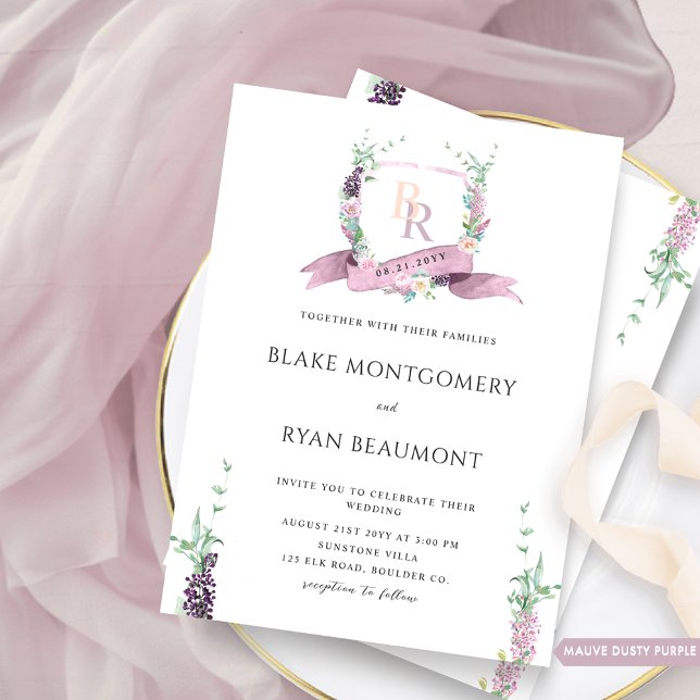 Dusty Lila, Mauve Pastel Floral Monogram Wedding Einladung (Von Creator hochgeladen)