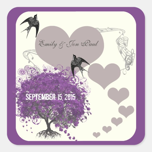 Dusty Lila Mink Heart Leaf Tree Hochzeiten Quadratischer Aufkleber (Vorderseite)