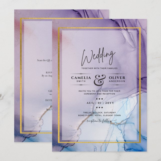 Dusty Lila Navy Blue Gold INK Wedding INVITE Einladung (Vorne/Hinten)