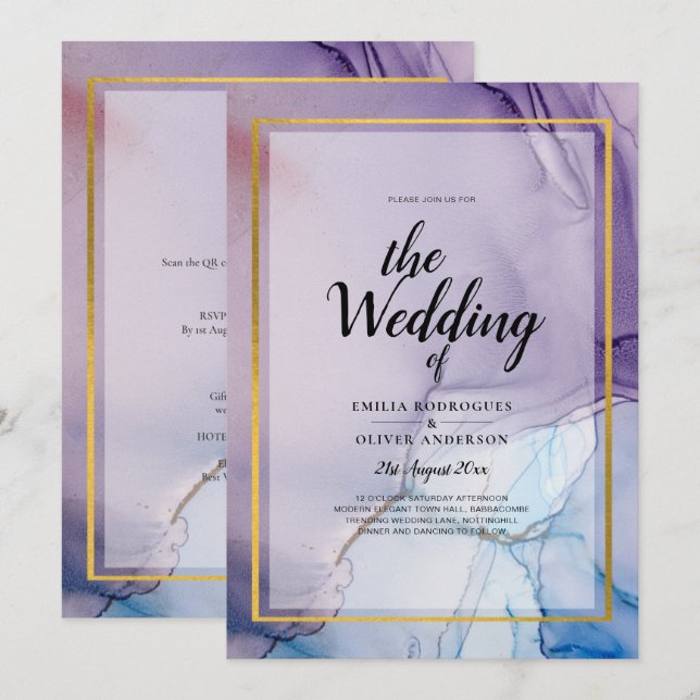 Dusty Lila Navy Blue Gold INK Wedding INVITE Einladung (Vorne/Hinten)