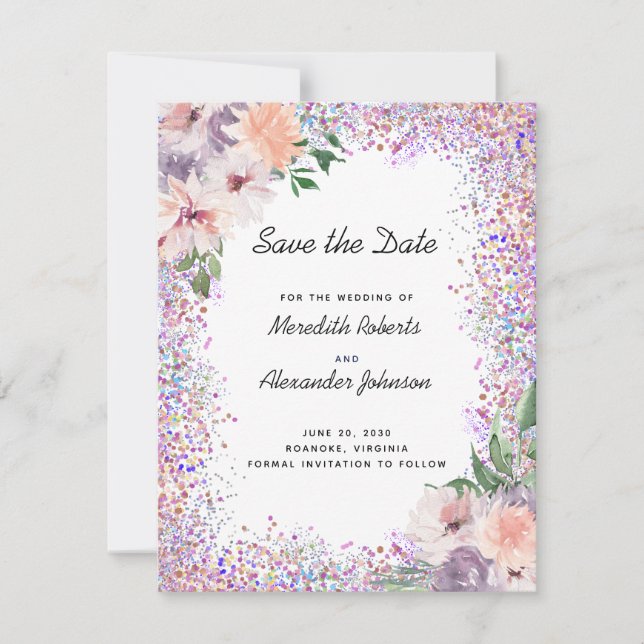 Dusty Lila Peach Floral QR Code Save the Date Ankündigung (Vorderseite)