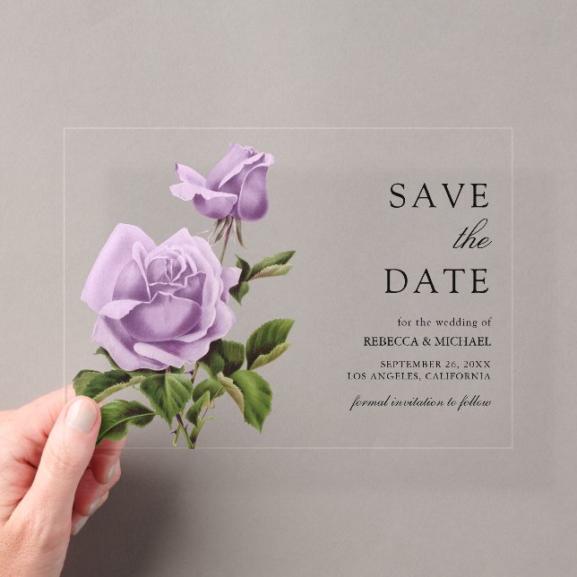 Dusty Lila Rose BlumenWedding Save the Date Acryleinladungen (Insitu (Handheld))