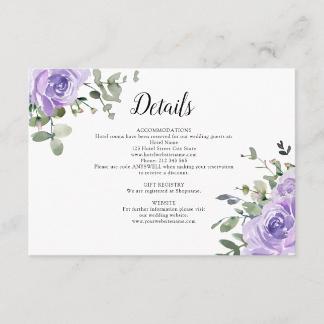 Dusty Lila Rose Eukalyptus Wedding Details Begleitkarte (Vorderseite)